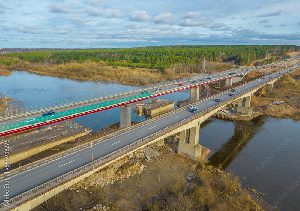 Aerial drone view of highway road under construction. Building a new viaduct on the national highway A1 between Vilnius and Klaipeda in Lithuania Aerial drone view of highway road under construction. Building a new viaduct on the national highway A1 between Vilnius and Klaipeda in Lithuania