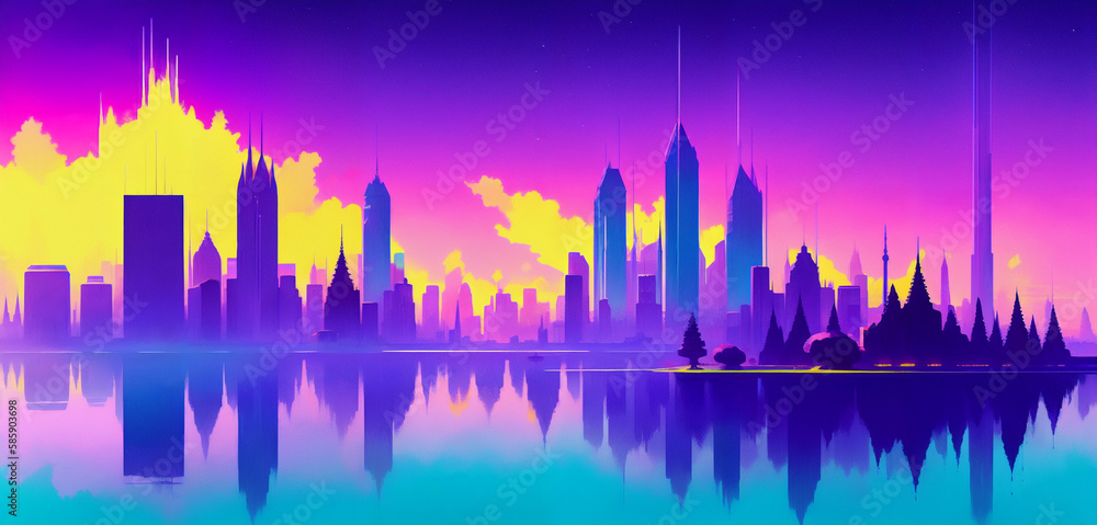 Vaporwave-Colored Neon Cityscape on the Water Generative AI Art Illustration