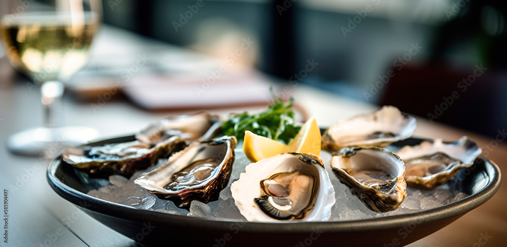 freshly caught oysters with lemon and enjoy a glass of white wine. Generative Ai,