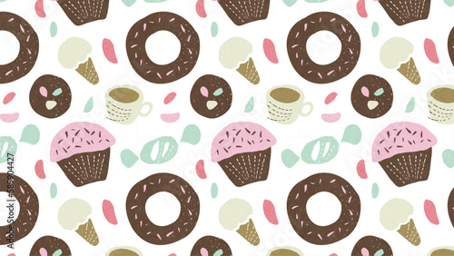 お菓子の背景パターン ポップな手描きスイーツイラスト（白）