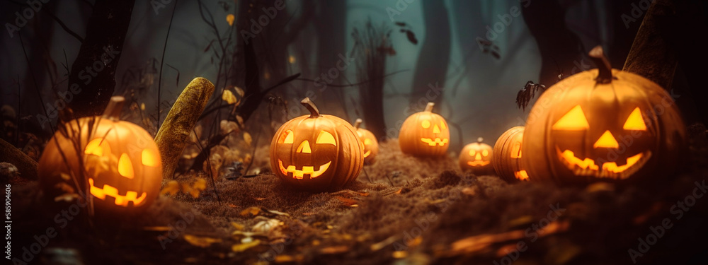 Halloween - pumpkins in a spooky forest. Generative AI, Halloween - pumpkins in a spooky forest. Generative AI,