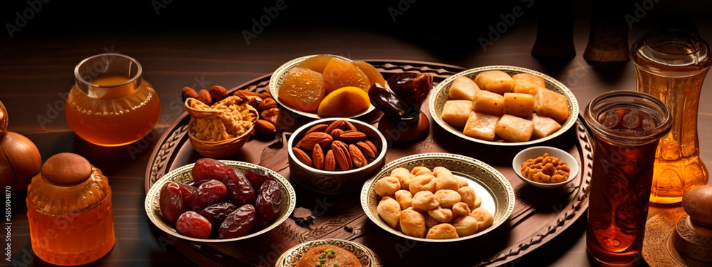 muslim food and sweets on ramadan table. Generative AI,