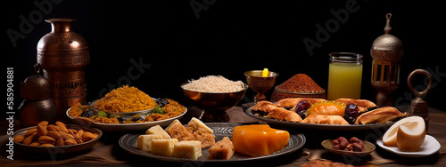 muslim food and sweets on ramadan table. Generative AI,