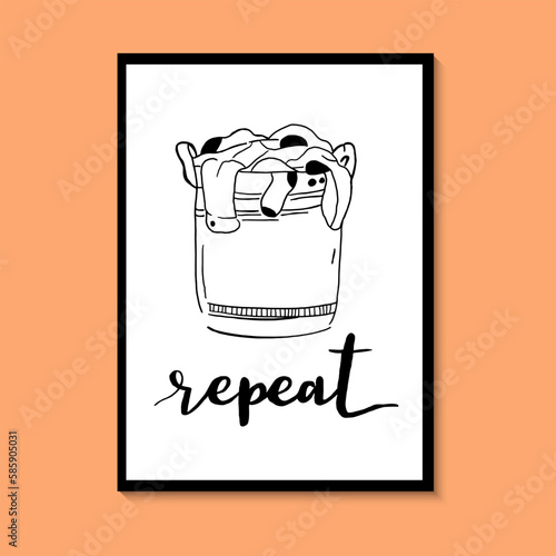 Laundry room repeat vector. For prints on the frame, posters, cards. Hand drawn black laundry basket on white background.