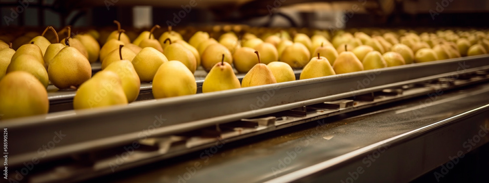Pears in a food factory, clean and fresh, ready for automatic packaging. Generative AI,