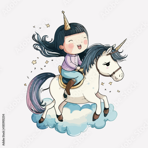 girl riding a unicorn in the clouds