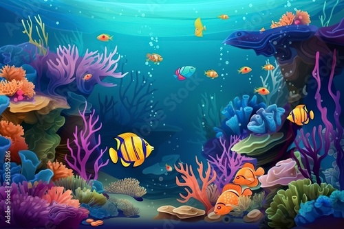 cartoon illustration, fish with underwater world, website header, ai generative