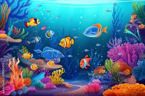 cartoon illustration, fish with underwater world, website header, ai generative
