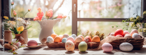 Easter eggs beautiful background. Generative AI,
