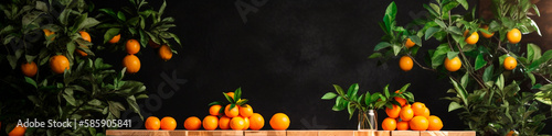 Wooden boards and a blurred orange garden. Generative AI,