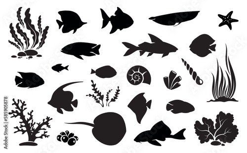 Fish and sea animals. Collection of sea and ocean life. Isolated black silhouette. Vector illustration