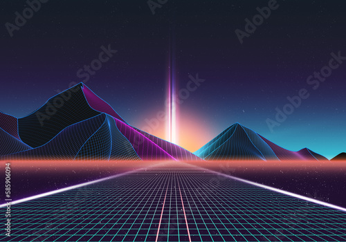 Photorealistic 80s 90s cyber punk landscape. New retro wave matte painting illustration of mesh highway road going to horizont. Rays of light rise to the sky Virtual reality computer spac photo