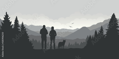 couple with dog at mountain and forest landscape