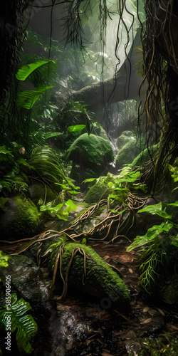 A misty tropical rainforest during a rainy day - portrait wallpaper - generative AI © Alan