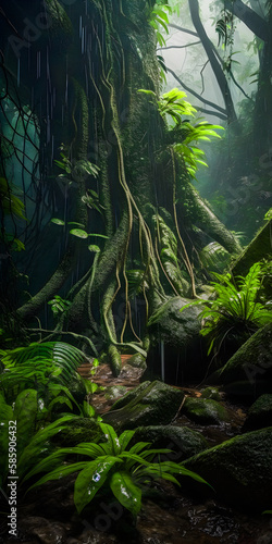 A misty tropical rainforest during a rainy day - portrait wallpaper - generative AI