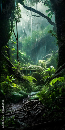 A misty tropical rainforest during a rainy day - portrait wallpaper - generative AI