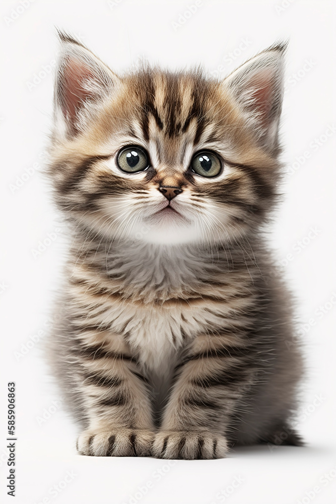 Tabby kitten sitting on white background, cute little kitten, portrait of tabby kitten, generative ai