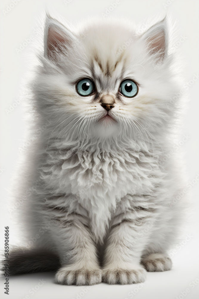 White kitten sitting on white background, cute little kitten, portrait of white kitten, generative ai
