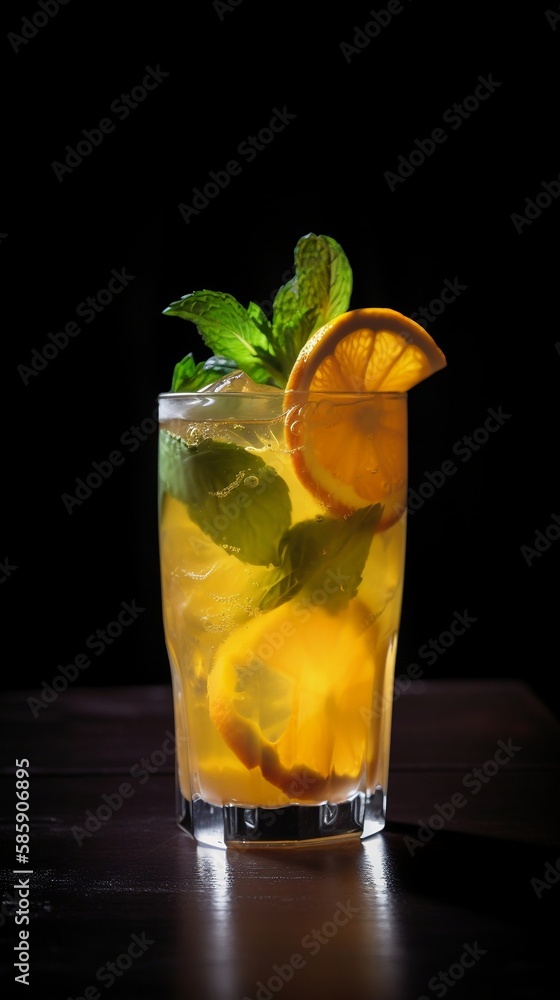 Cooling cocktail drink. Orange lemonade with ice and mint in a glass. Bar menu. Generative AI. Cooling cocktail drink. Orange lemonade with ice and mint in a glass. Bar menu. Generative AI.