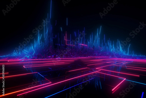 Abstract futuristic neon background. Red blue lines, glowing in the dark. Ultraviolet spectrum. Cyber space. template wallpaper, generative ai