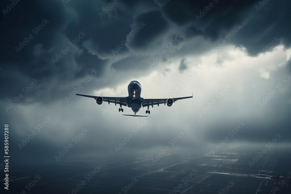 Passenger plane in flight, storm clouds, generative ai Passenger plane in flight, storm clouds, generative ai