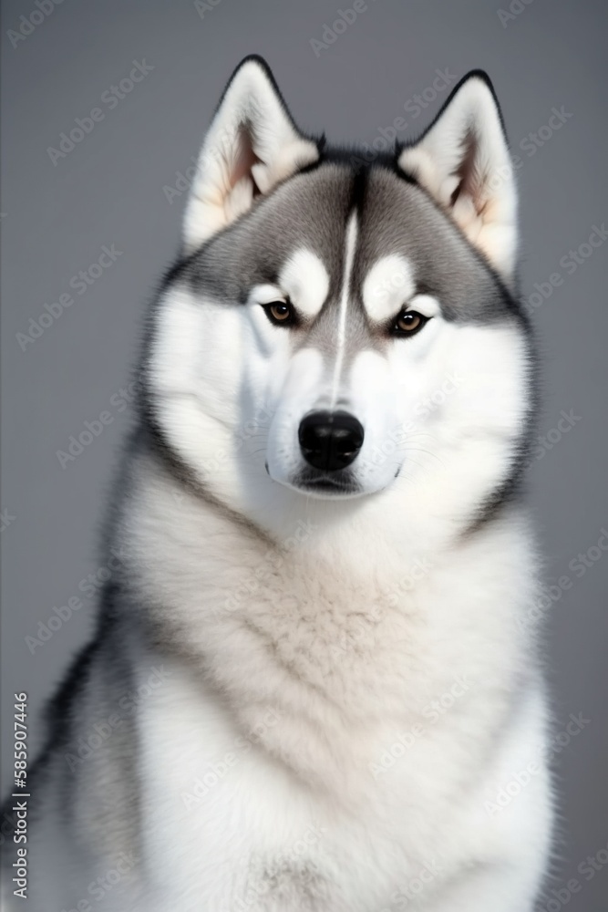 siberian husky portrait, sitting black and white siberian husky looking at the camera