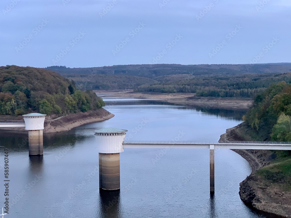 Obraz premium The Gileppe Dam or Barrage de la Gileppe in french is an arch-gravity dam on the Gileppe river in Jalhay, Liège province, Wallonia, Belgium.