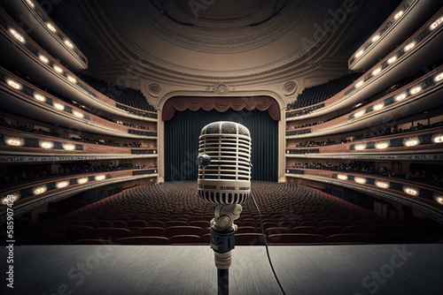 ilustración de un micrófono  en el escenario de un teatro. Generative AI