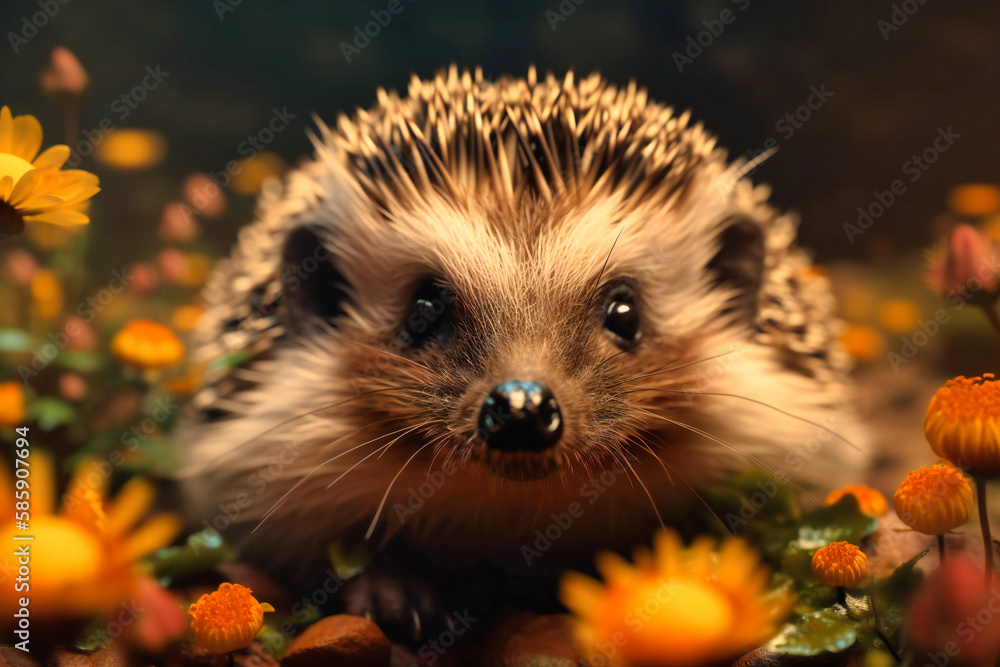Fototapeta premium A cute hedgehog snuffling around in a fragrant flower bed