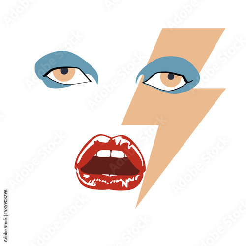 vector illustration with a female mouth, eyes and a pink lightning bolt. Design for t-shirts or posters with style of the eighties
