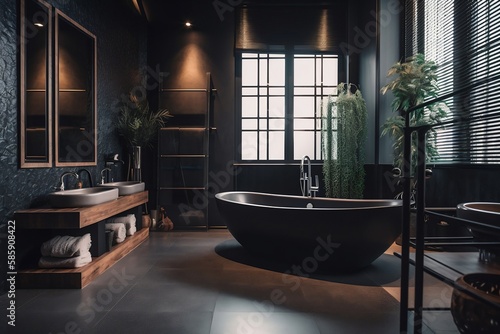 Dark moody bathroom interior, modern exclusive style, advertisement poster, generative ai