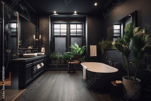 Dark moody bathroom interior, modern exclusive style, advertisement poster, generative ai