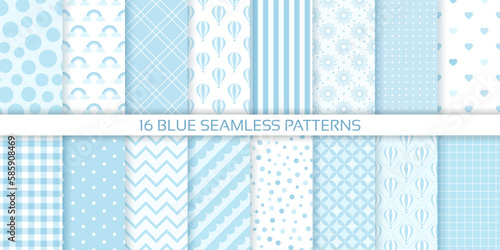 Blue seamless background. Scrapbook baby shower patterns. Set cute prints with polka dots, stripes, zigzag, plaid. Retro pastel texture. Geometric childish wrapping backdrop. Color vector illustration © maradaisy