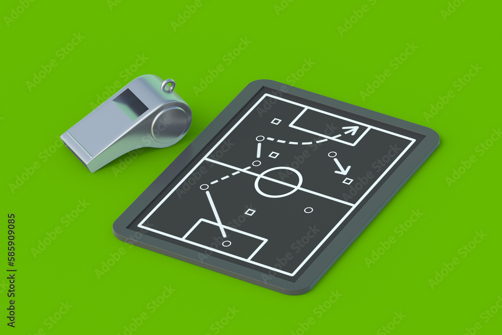 Chalkboard with team tactic near whistle. Soccer strategy concept. International championship. Sports education. 3d render Chalkboard with team tactic near whistle. Soccer strategy concept. International championship. Sports education. 3d render