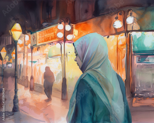 A Muslim woman in a hijab stands in the middle of the street framed by flickering neonlight signs.. AI generation. photo