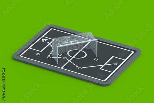 Chalkboard with team tactic near gate. Soccer strategy concept. International championship. Sports education. 3d render