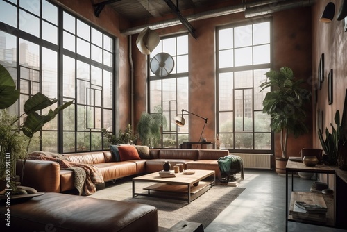 Industrial style living room with large windows. Generative AI.