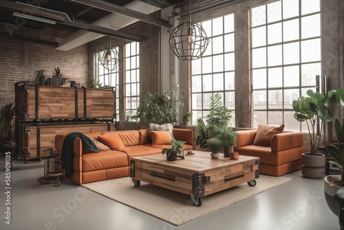 Industrial style living room with large windows. Generative AI.