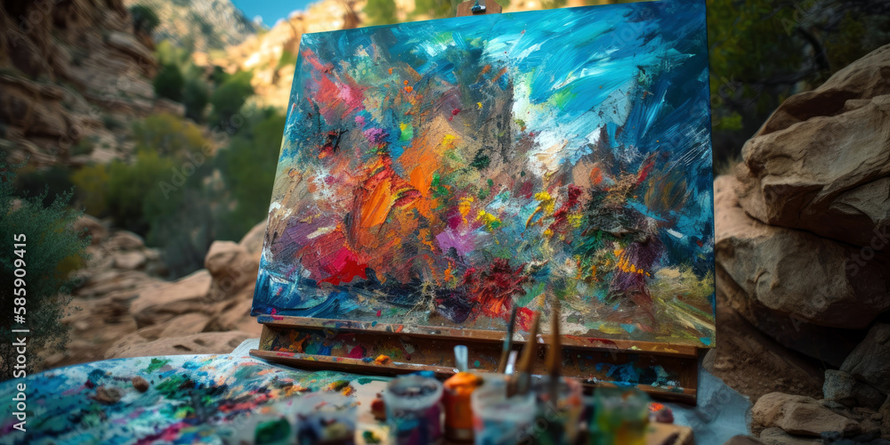 Fototapeta premium artist's easel standing at the edge of a cliff, vibrant natural scene (created with Generative AI)