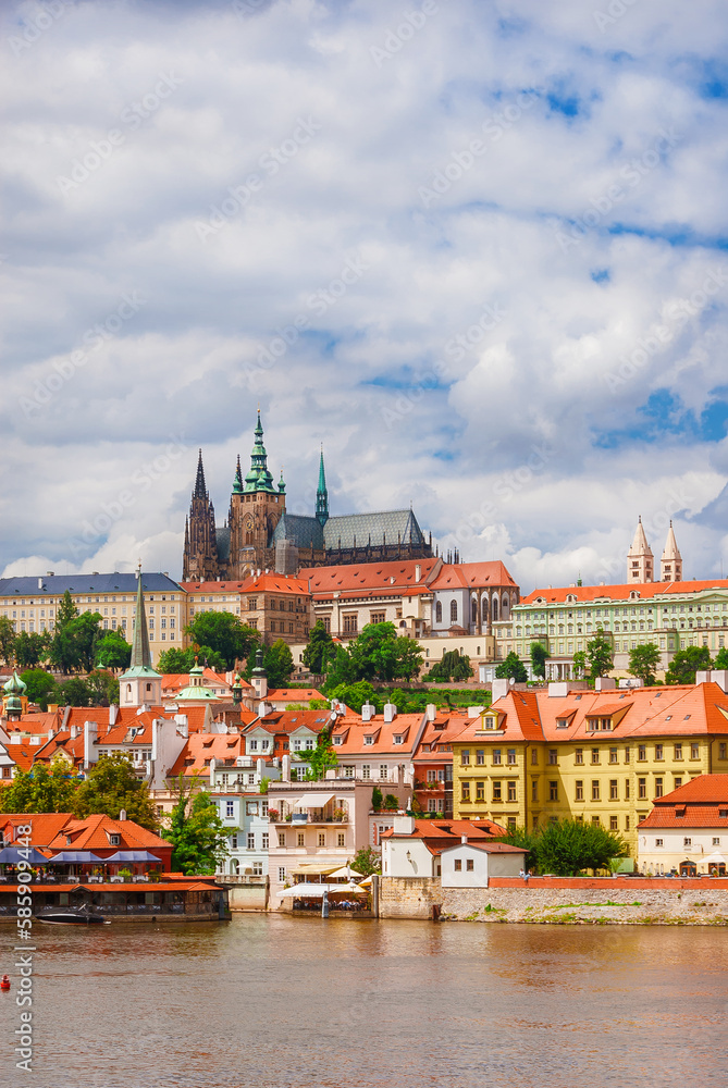 View of Prague historical center Mala Strana old district with gothic St. Vitus Cathedral at the top