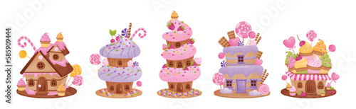Sweet Candy House Made of Cookie Dough as Shaped Baked Confectionery Vector Set