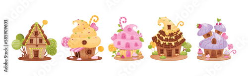 Sweet Candy House Made of Cookie Dough as Shaped Baked Confectionery Vector Set