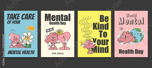 mental health day posters, retro posters, vector illustration