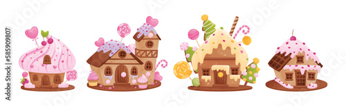 Sweet Candy House Made of Cookie Dough as Shaped Baked Confectionery Vector Set
