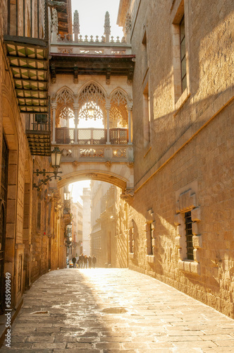 The bridge spanning Carrer del Bisbe in the Gothic Quarter, Barcelona, Spain