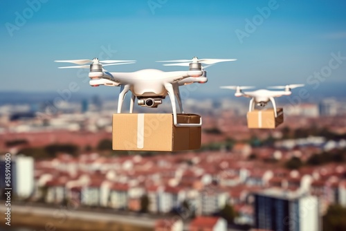 Delivery drones with cardboard boxes, cartons, flying outside over city, AI generative illustration