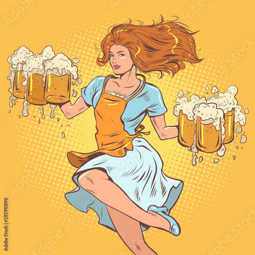 A girl with red hair in a dress delivers beer. A skilled barista deftly delivers orders.