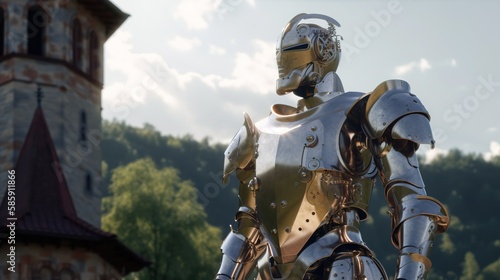 robot in armor on the background of the castle.