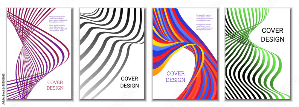 A set of 4 abstract covers. Wavy parallel gradient lines, ribbons evolve. Cover design, background. Trendy banner, poster. A set of 4 abstract covers. Wavy parallel gradient lines, ribbons evolve. Cover design, background. Trendy banner, poster.