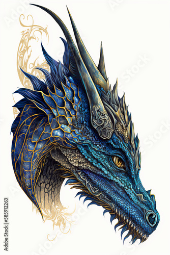 fantastic golden blue cyan dragon with spikes on head isolated on white background  AI generative